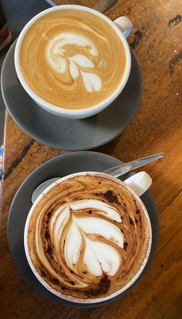 Two Lattes With Leaf-shaped Latte Art — 321 Cafe Learmonth In Learmonth, VIC