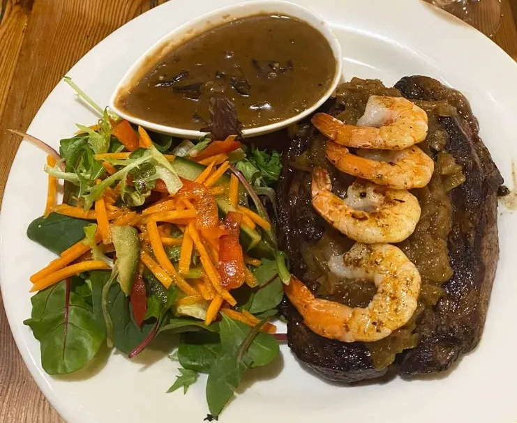 Surf and Turf Steak with Prawns — 321 Cafe Learmonth In Learmonth, VIC