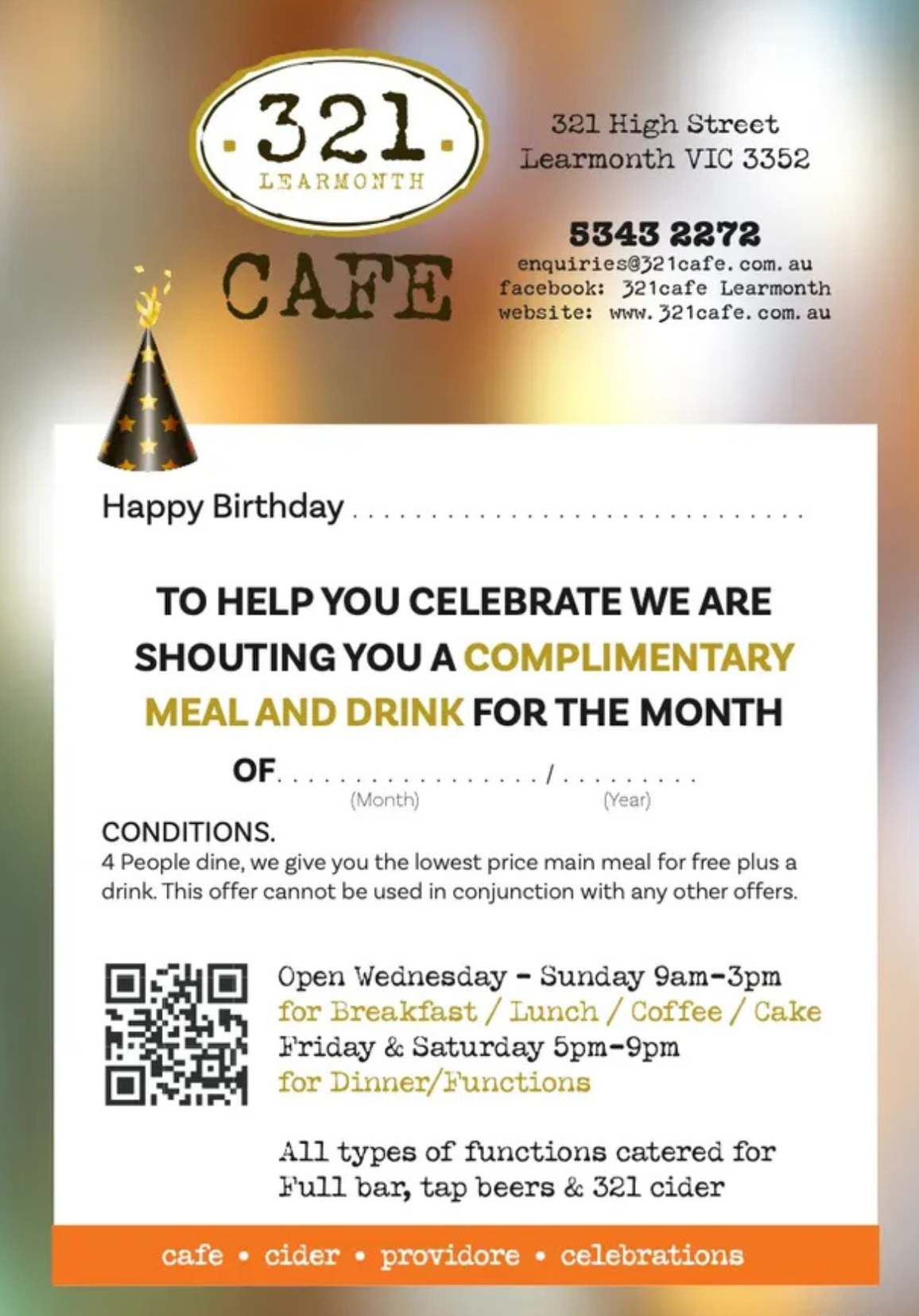 Promotional flyer from 321 Cafe in Brunswick offering a complimentary birthday meal and drink with conditions. — 321 Cafe Learmonth In Learmonth, VIC