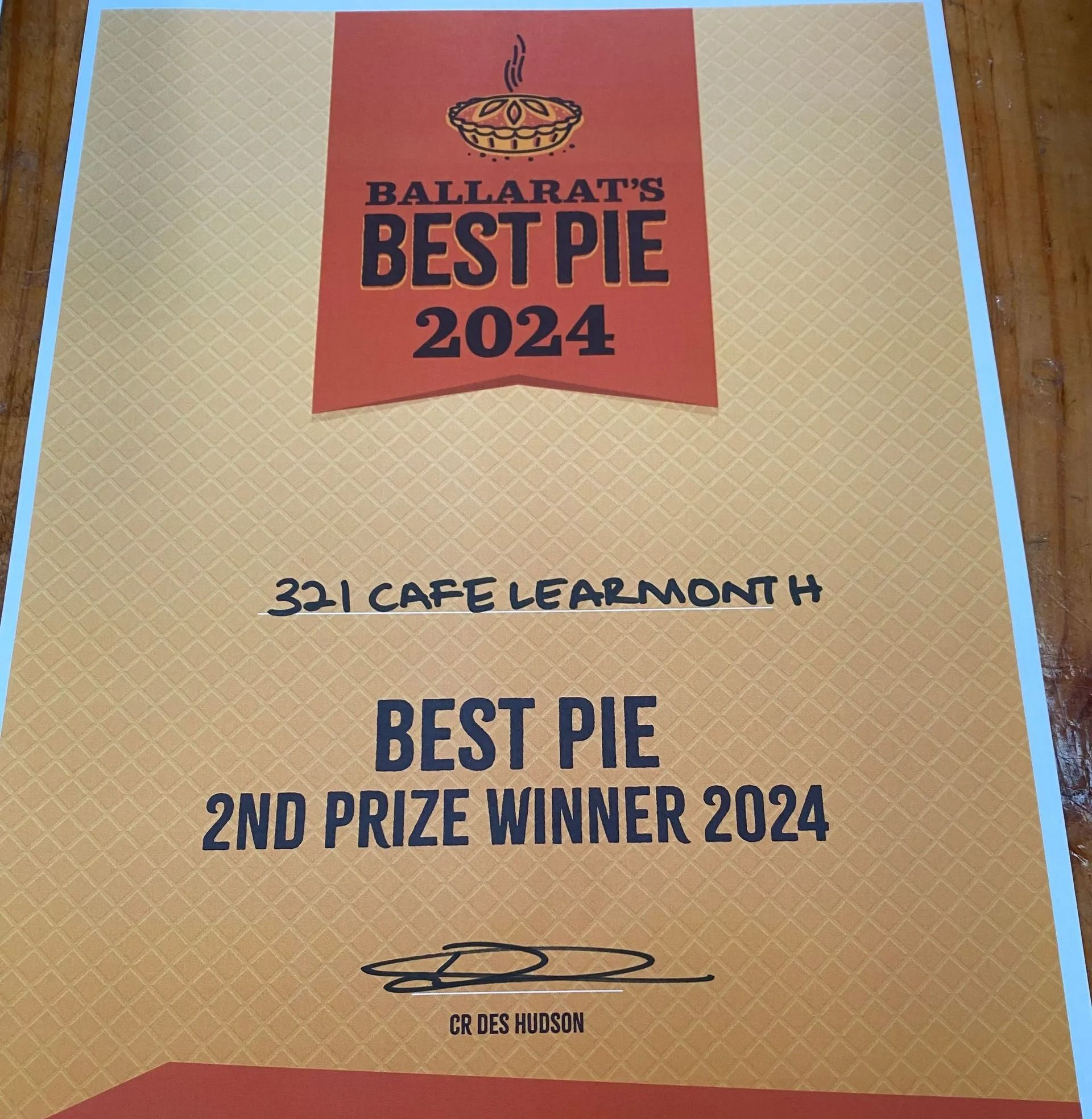 Award Certificate — 321 Cafe Learmonth In Learmonth, VIC