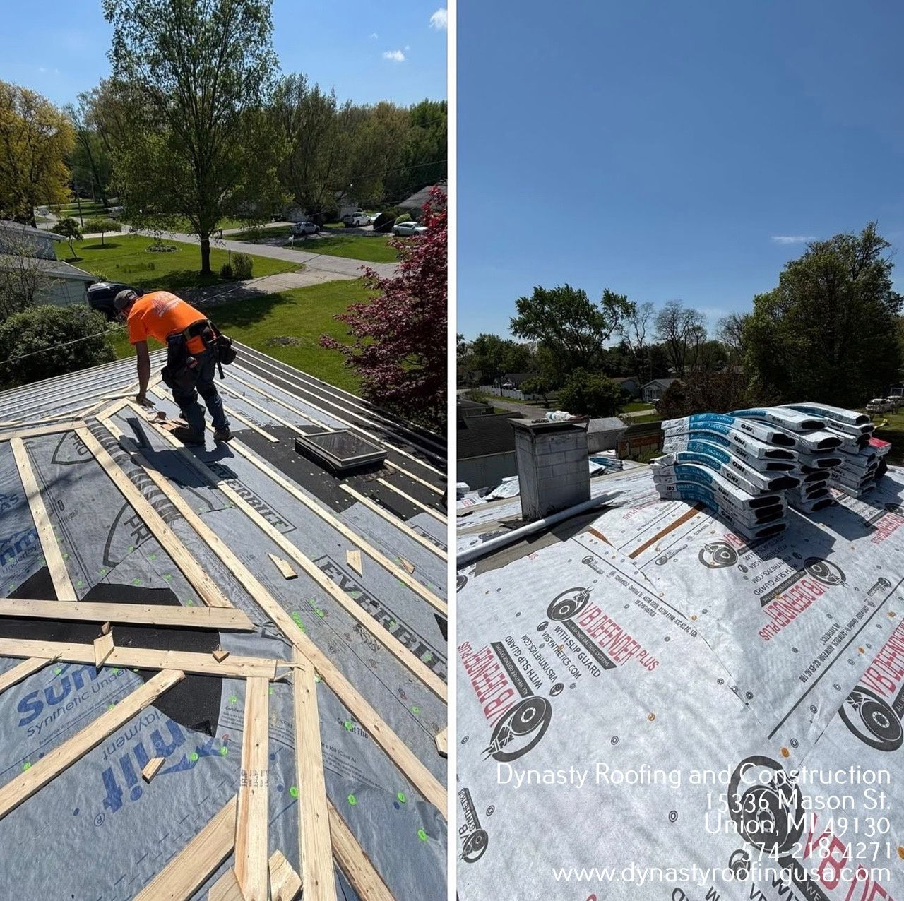 Two workers on a house roof with extension ladders leaning against the siding and a patio below