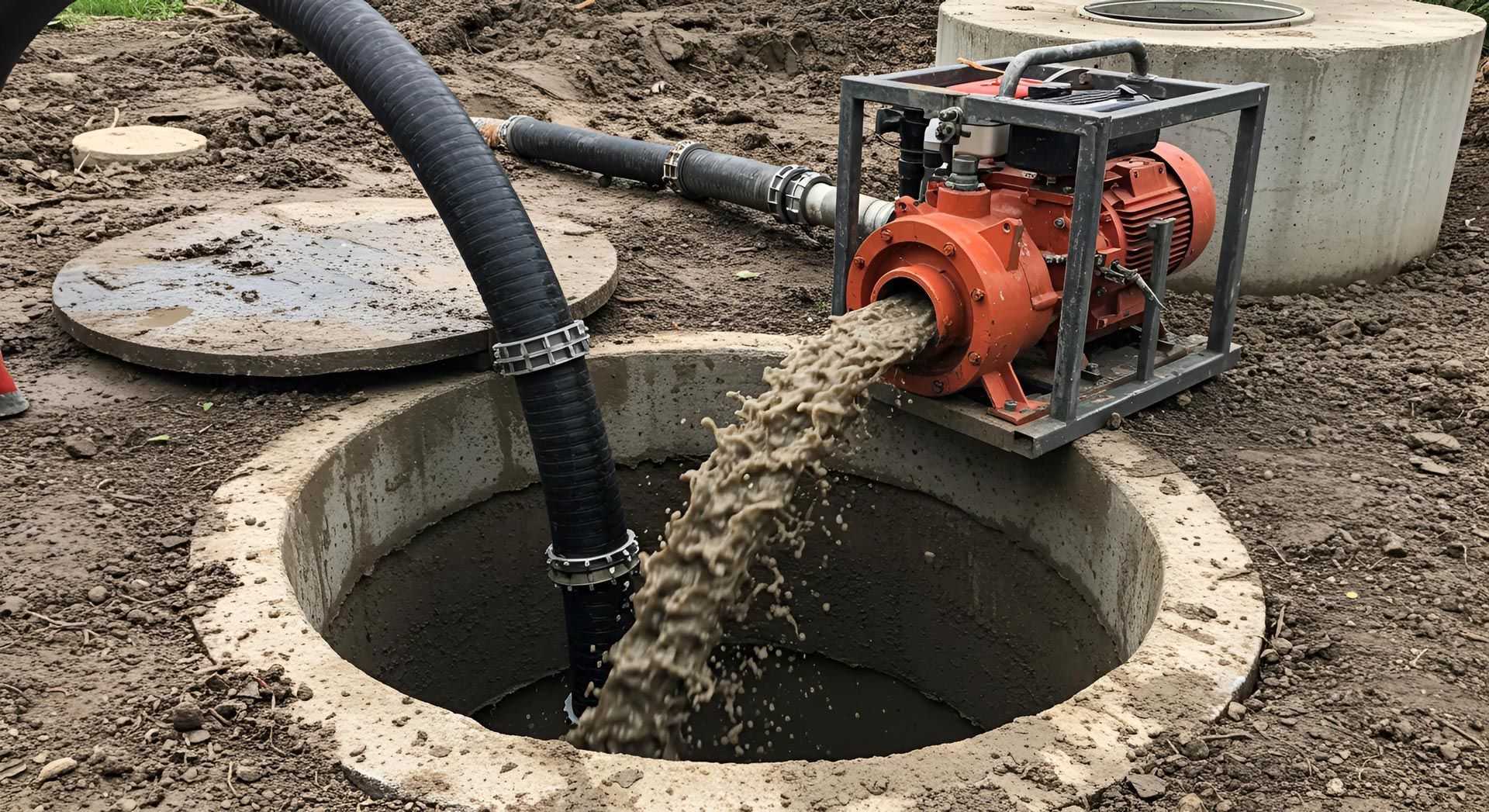 Portable pump draining muddy water from a concrete pit on a construction site