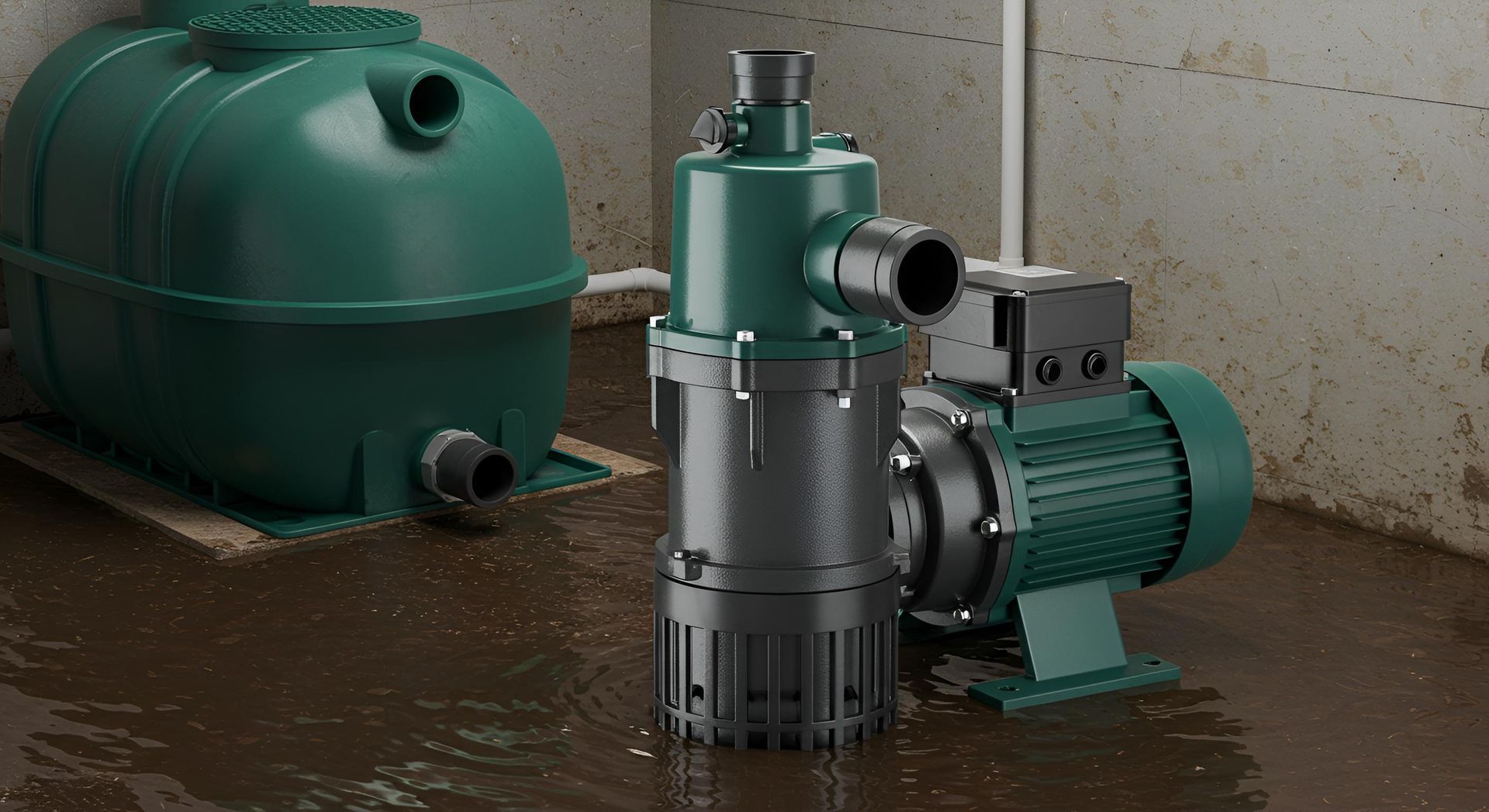 Green industrial pumps and motor in a wet basement beside a large green tank