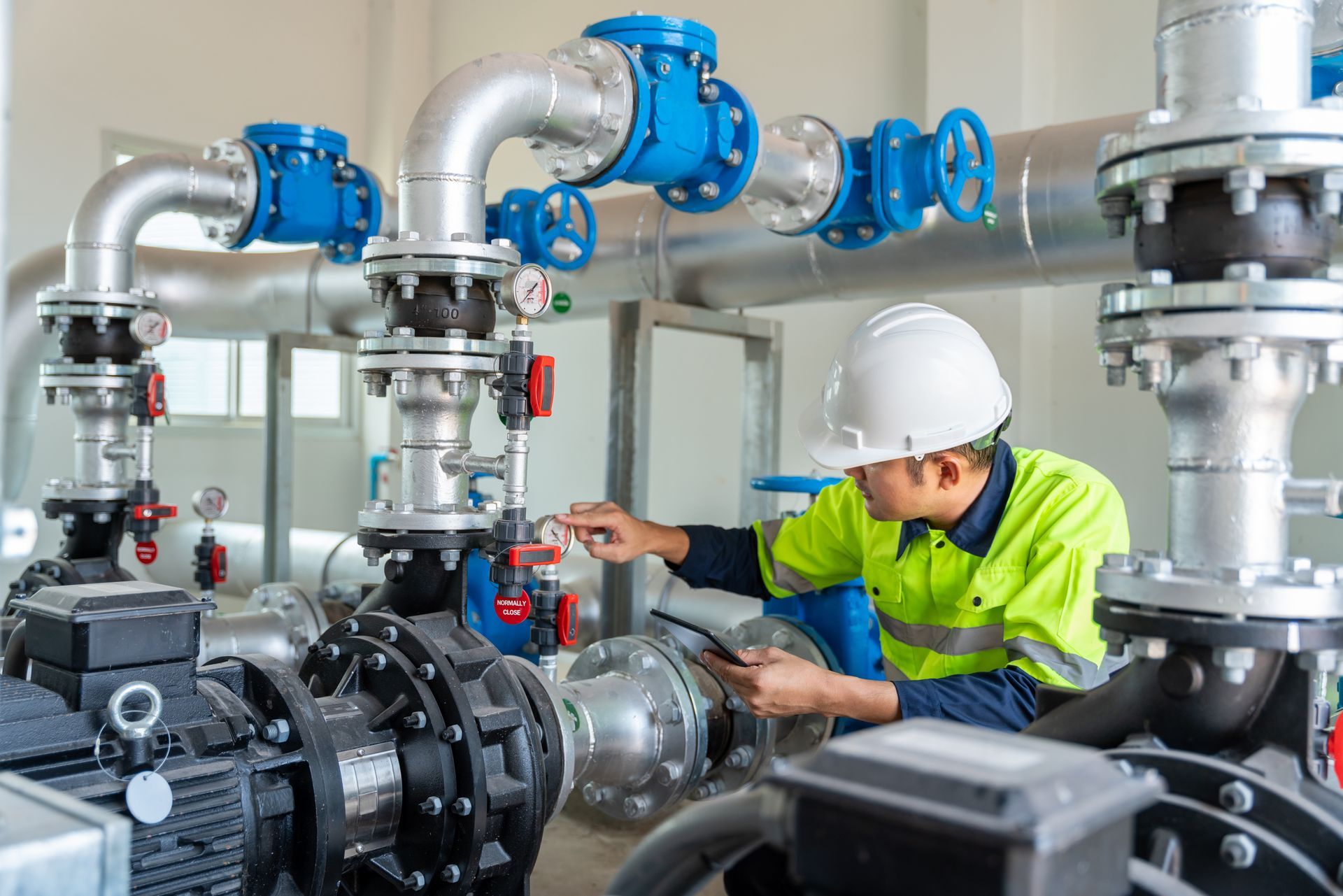 A technician in a hard hat and safety vest inspecting valves and gauges on industrial pump piping