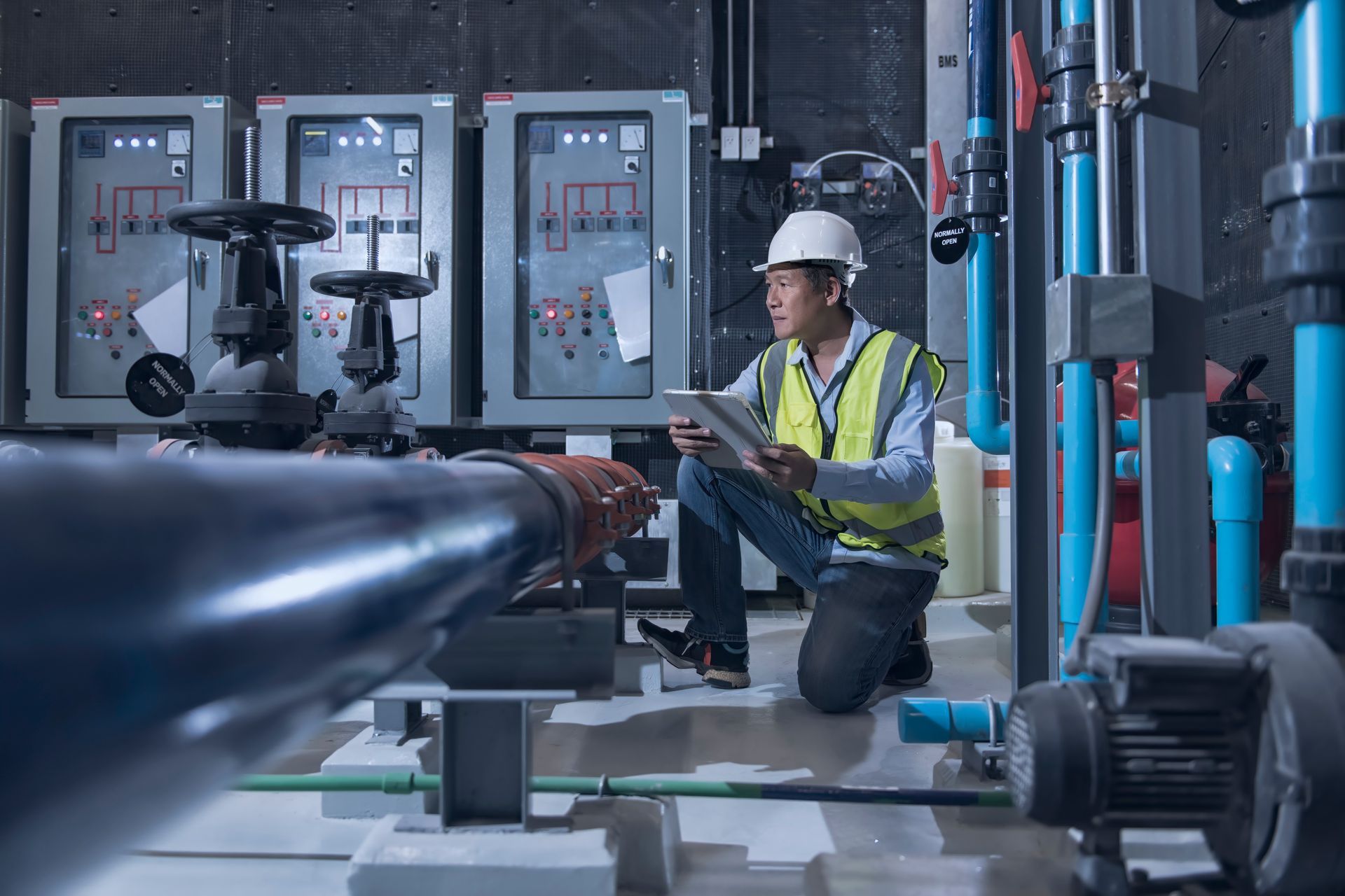 A technician in a hard hat and vest inspecting pump station valves and control panels with a tablet