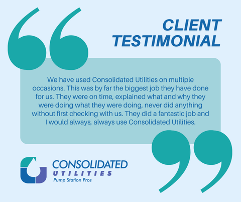 Blue client testimonial graphic with quote marks and Consolidated Utilities logo.
