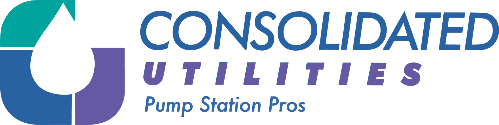 Consolidated Utilities Plumbing & Pump Station Pros Consolidated Utilities logo with blue water drop icon and green roof shape, purple and teal text.