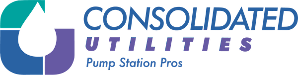 Consolidated Utilities logo with blue water drop icon and green roof shape, purple and teal text.