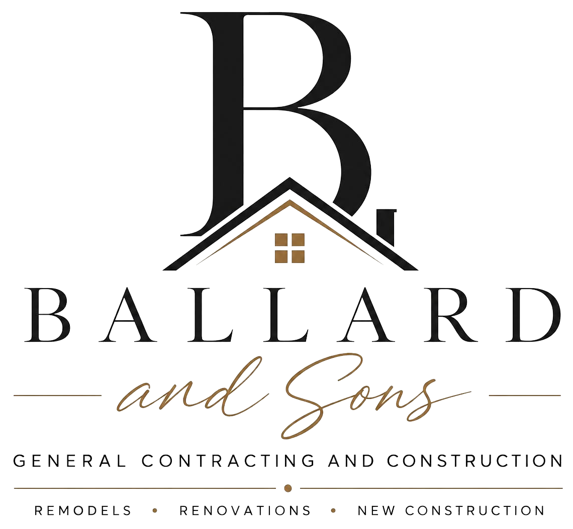 Ballard and Sons general contracting and construction logo with black monogram and house roof icon