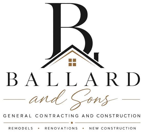 Ballard and Sons general contracting and construction logo with black monogram and house roof icon