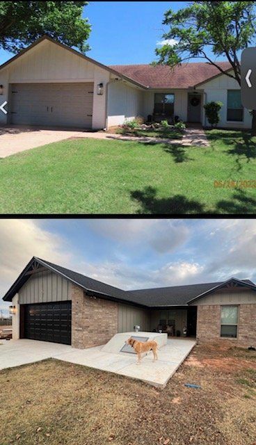 Before-and-after exterior of a house with improved driveway and landscaping.