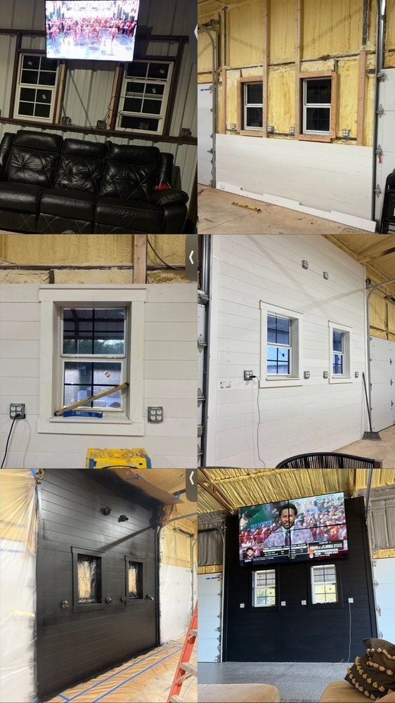 Collage of four wall-mounted screens and speaker setups in indoor rooms, with black and white wall panels.