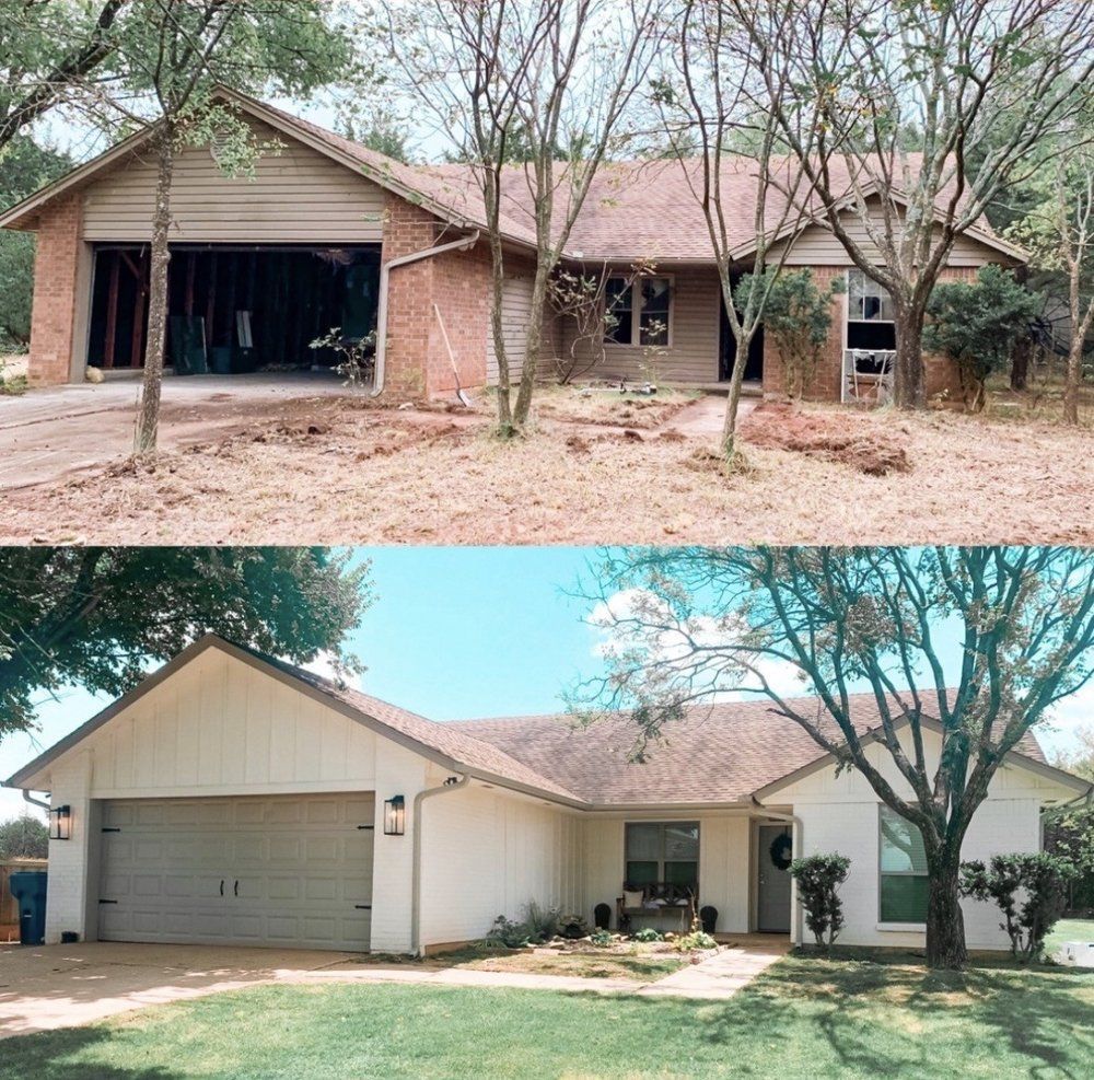 Before-and-after exterior of a suburban house, showing renovation from exposed brick to white siding and a garage.