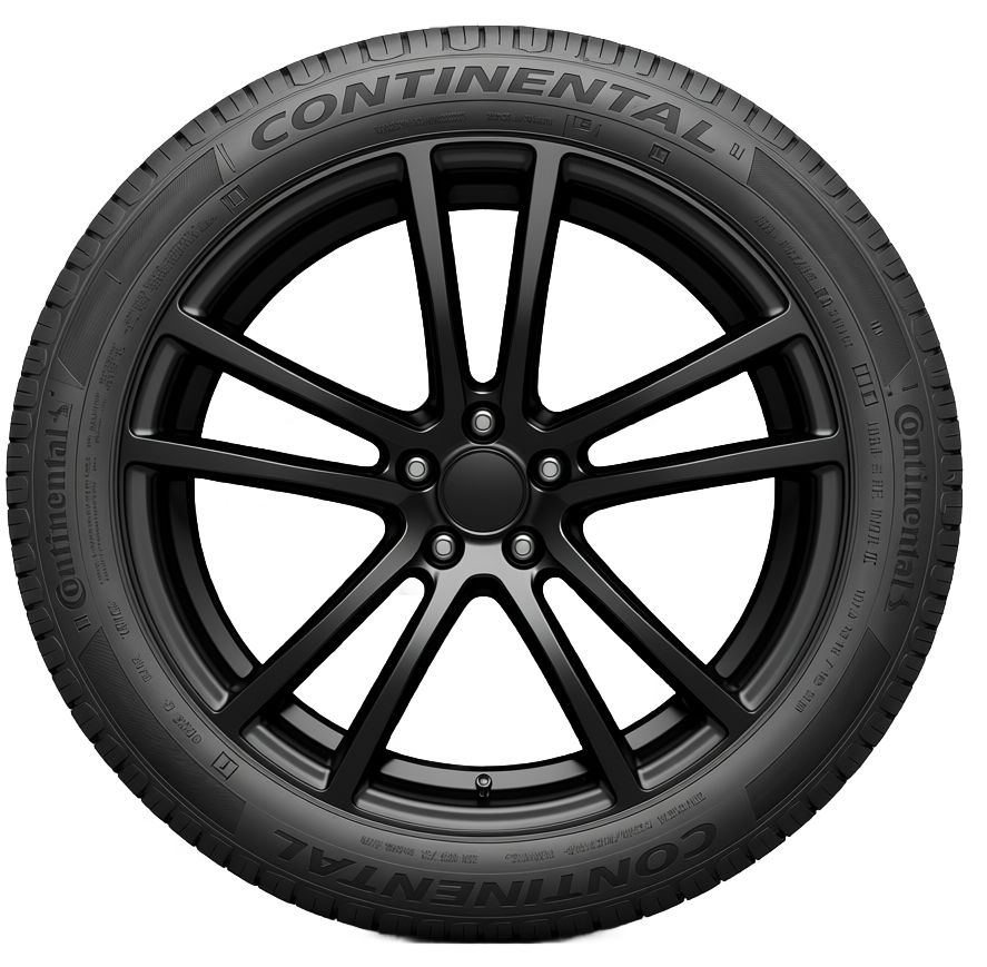 Black car tire with Continental branding on a black rim.