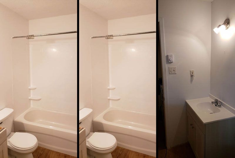 Image divisée montrant une salle de bains avec toilettes, baignoire, paroi de douche et meuble-lavabo avec luminaire.