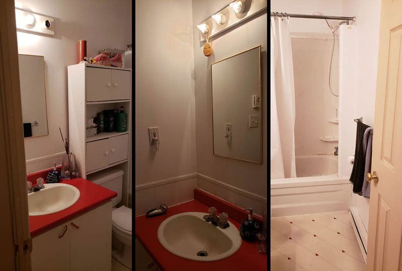 Vue composite d'une salle de bains montrant un meuble-lavabo blanc avec un plan de travail rouge, un lavabo, des toilettes, un miroir et une douche.