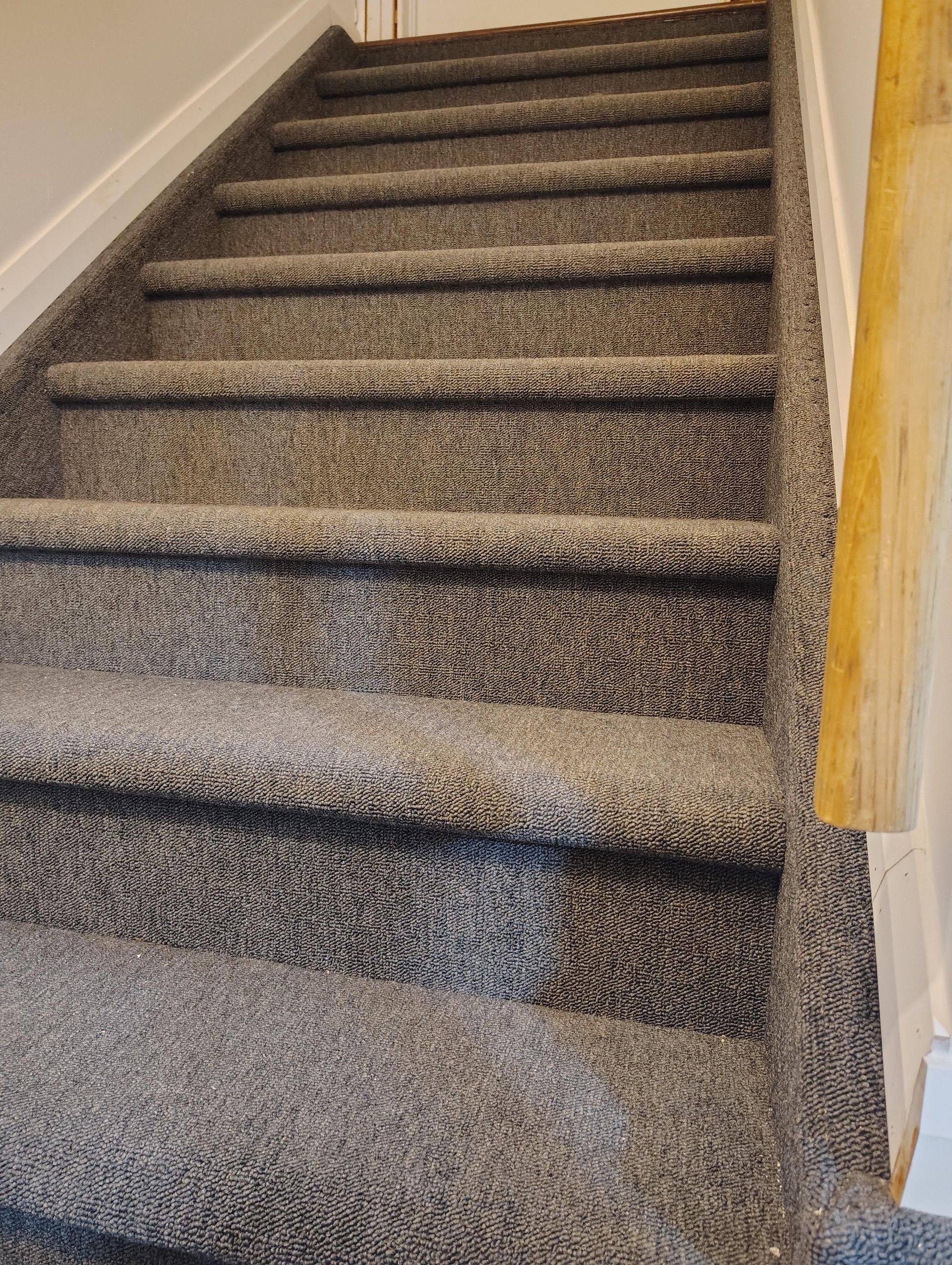 Un escalier recouvert d'une moquette grise texturée, vu du bas en direction du haut des marches.