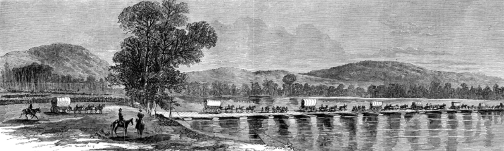 “Sherman’s Advance—Howard’s (Fourteenth) Corps Crossing the Chattahoochee,
July 12th, 1864.—Sketched by Theodore R. Davis.” Howard’s Corps crossed the river on a
pontoon bridge at Pace’s Ferry on July 12, 1864. (From Harper’s Weekly © Applewood
Books, Inc., Reproduced by permission of Applewood Books and harpersweekly.com)