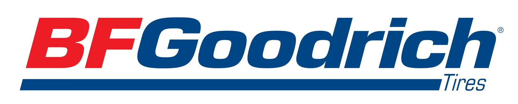 The BFGoodrich Tires logo, featuring bold red and blue text with a horizontal blue line underneath.