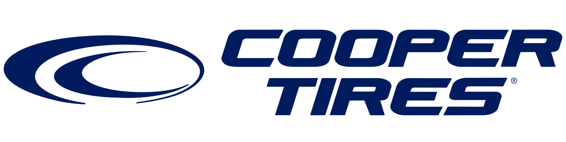 The Cooper Tires logo in navy blue, featuring an abstract oval shape next to the text 