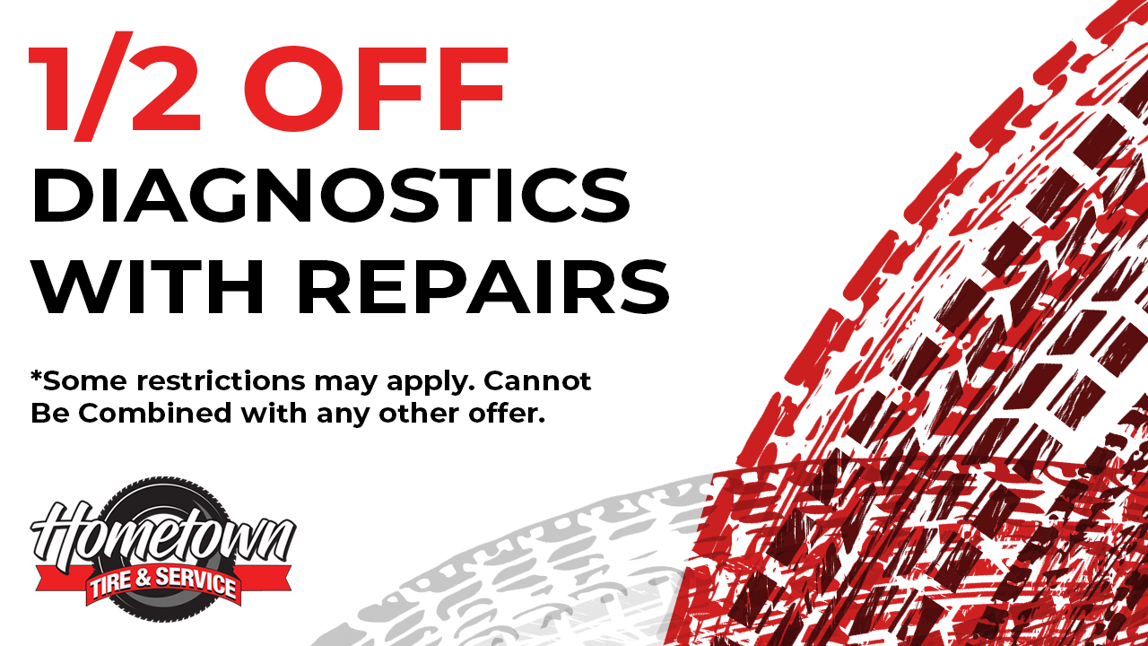 1/2 off diagnostics with repairs ad in red and black on white background