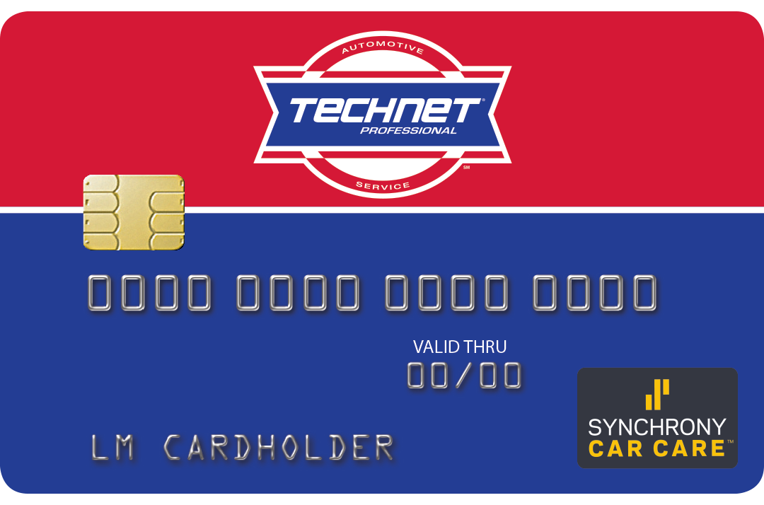 TECHNET card design in red and blue with chip, card number, and SYNRONY CAR CARE logo