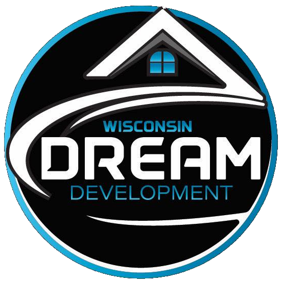 Logo for Wisconsin Dream Development: a circular emblem with a house outline, a blue window, and white and blue text.