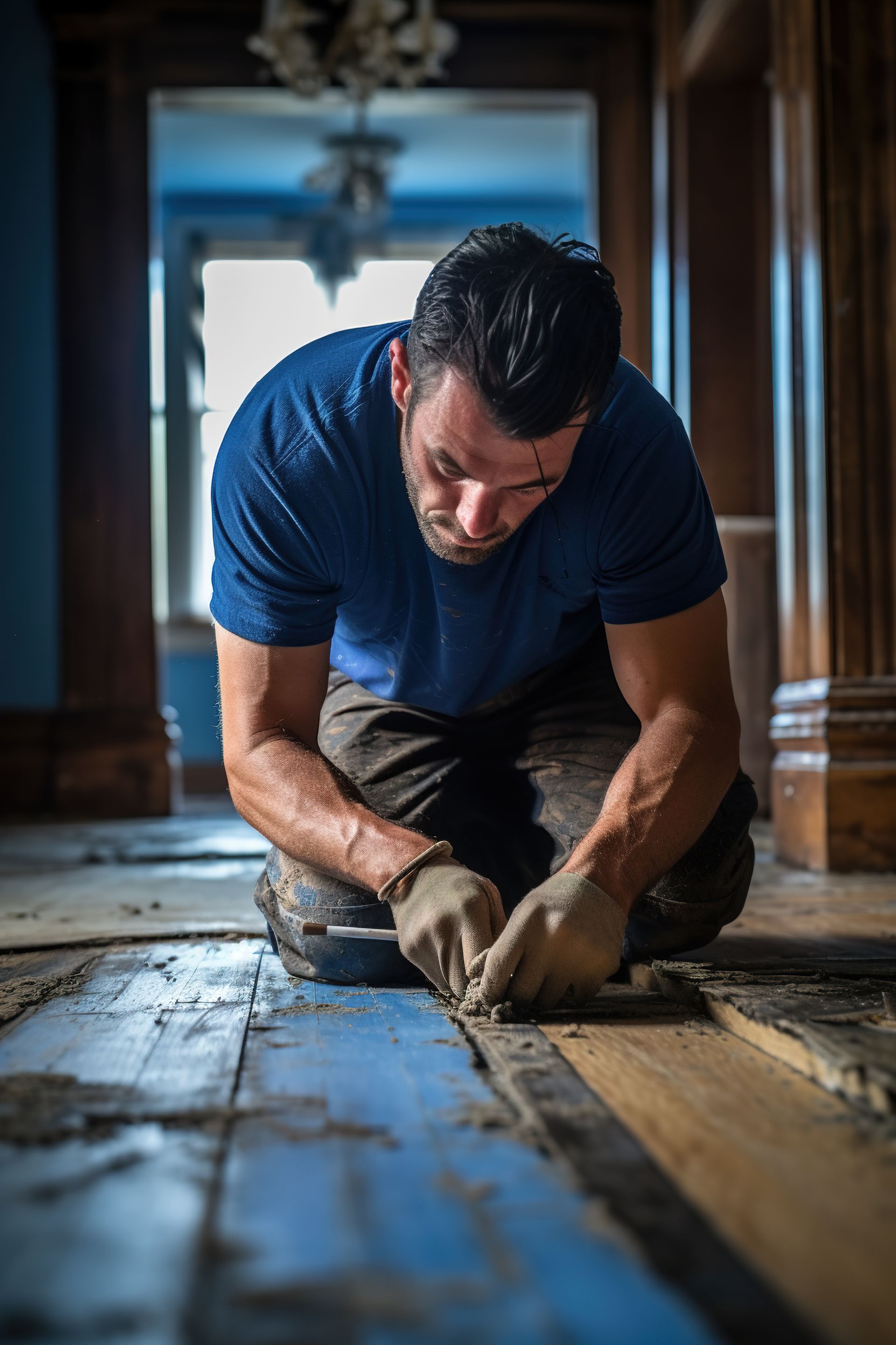 A man is kneeling on the floor working on a wooden floor.