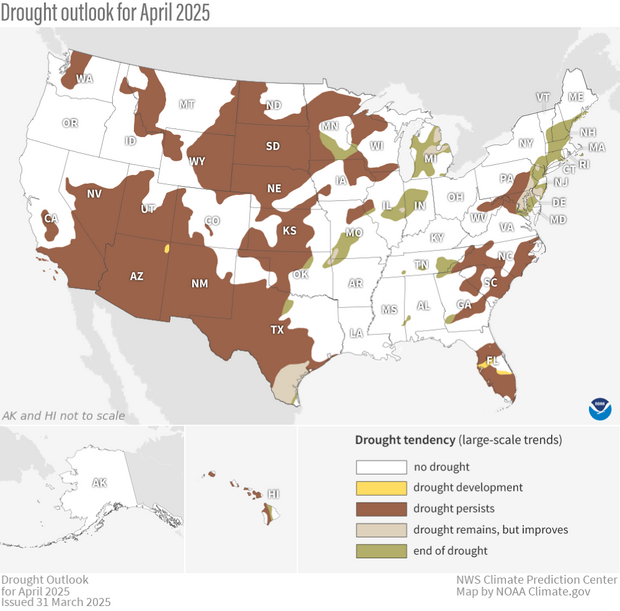 U.S. drought outlook map for April 2025, with brown and tan areas showing worsening drought across the Southwest and Midwest