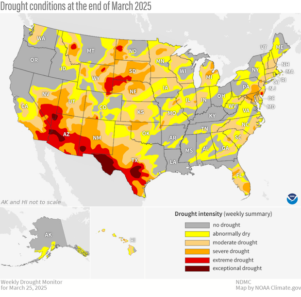 U.S. drought map for late March 2025, with severe drought in red and extreme drought 