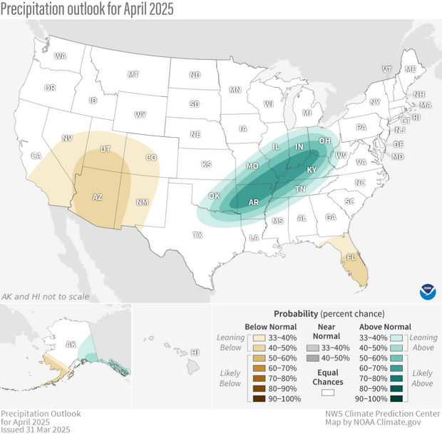 U.S. precipitation outlook map for April 2025, with drier Southwest and wetter central-eastern belt shaded in yellow and teal