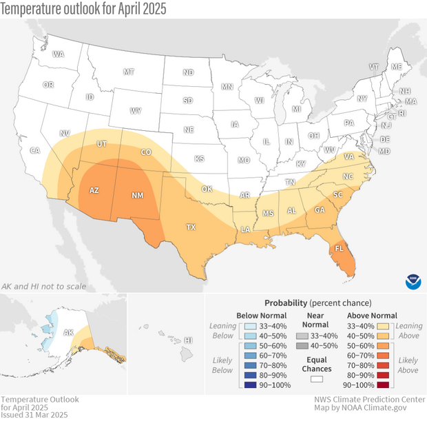 U.S. temperature outlook map for April 2025, with orange/yellow warmer-than-normal areas in the South and East.