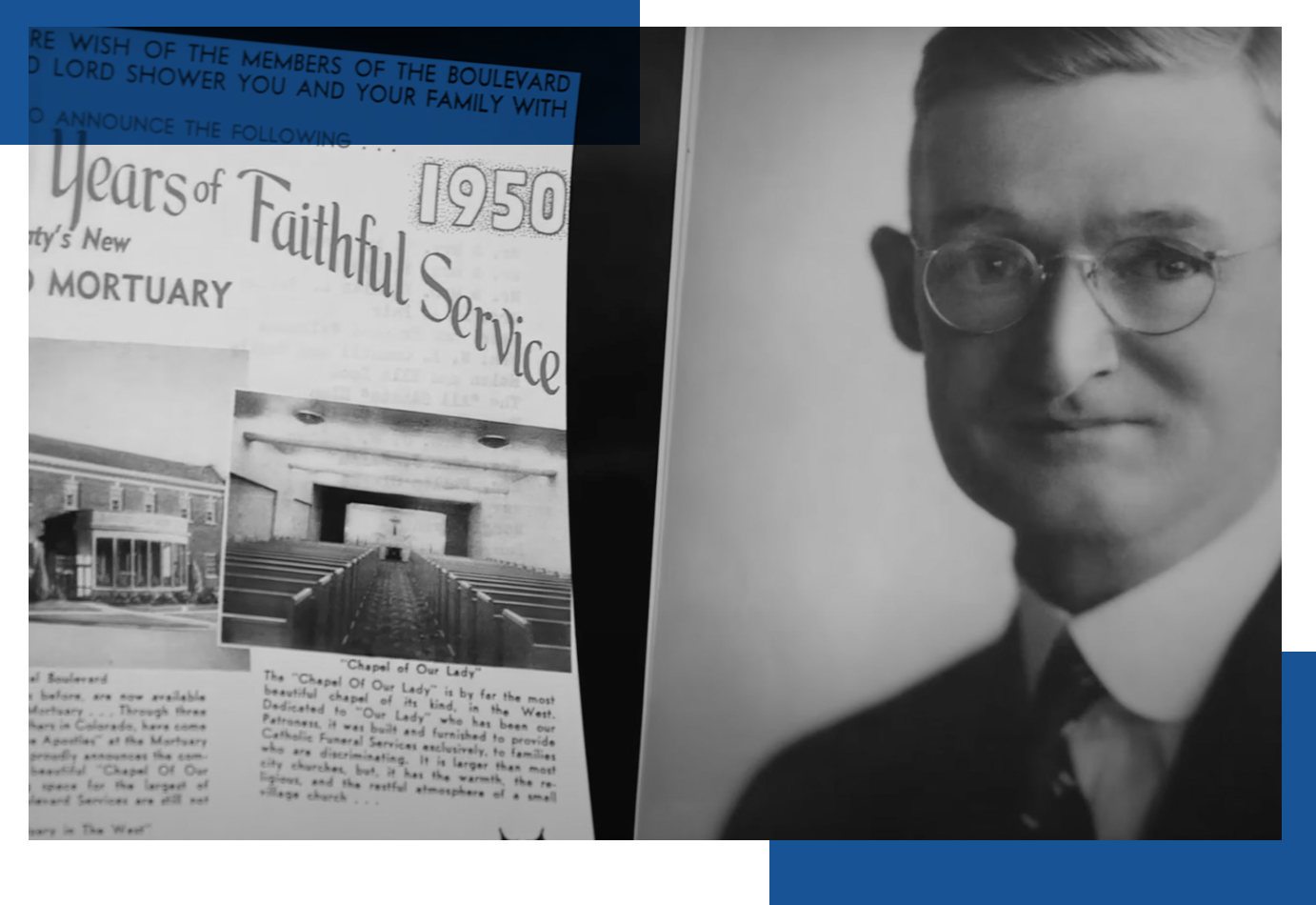 Jim McConaty alongside 1919 announcement for the opening of McConaty’s Boulevard Mortuary at Speer and Federal