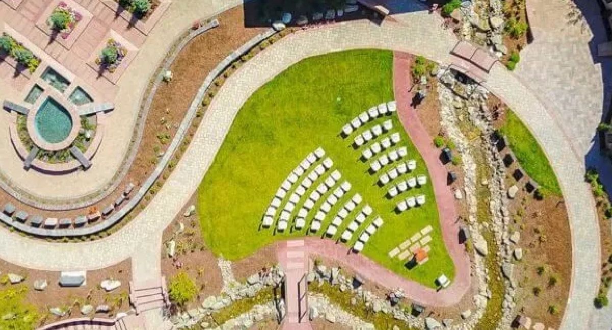 Aerial of terraced cremation garden amphitheater
