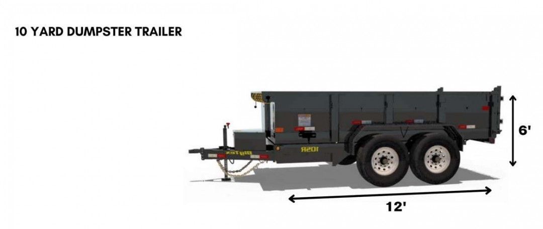 A 10 yard dumpster trailer is shown on a white background