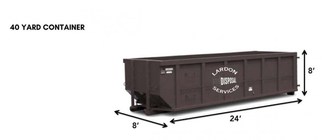 A picture of a 40 yard container with measurements on a white background.