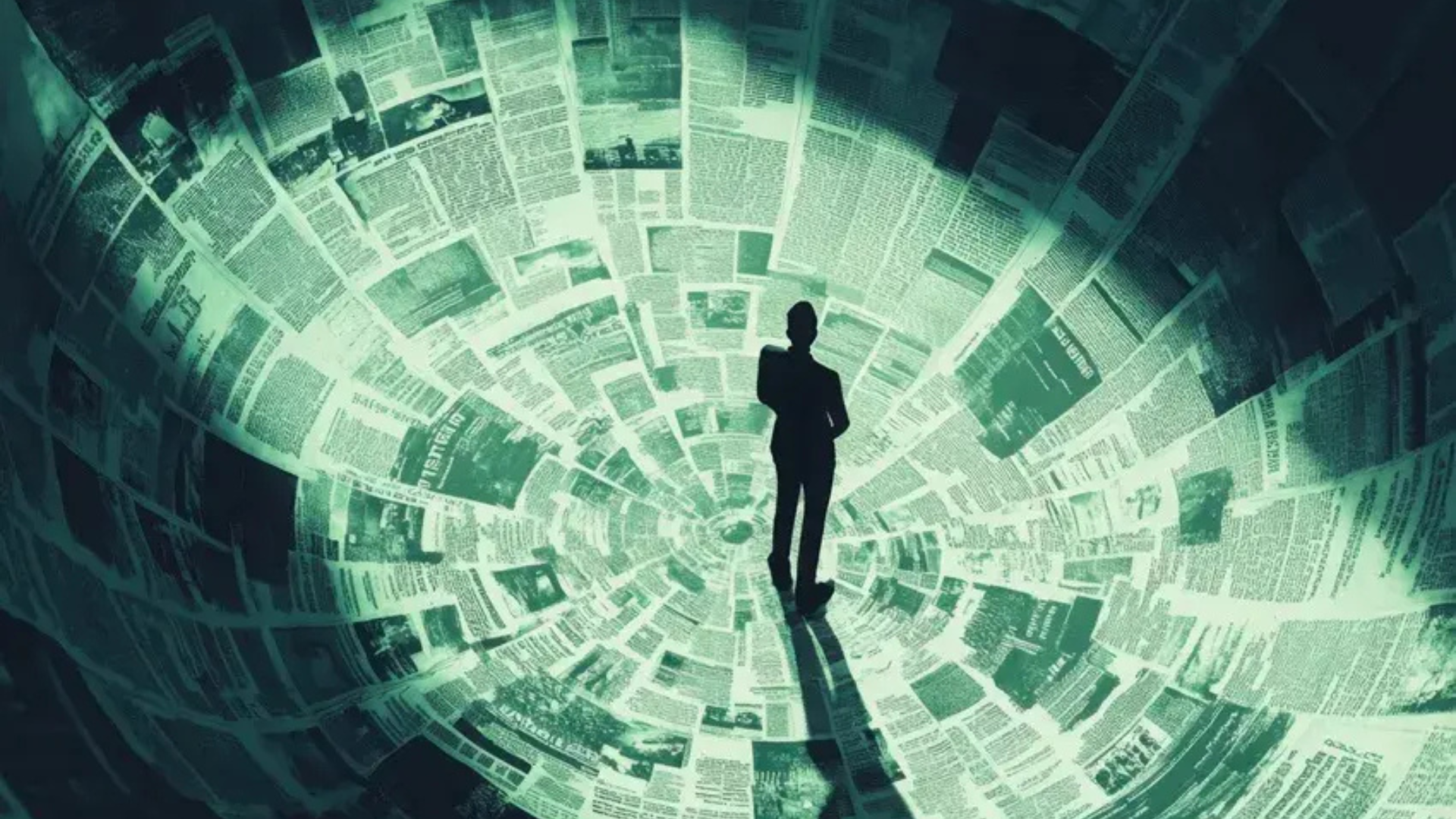 Man standing in room full of newspapers