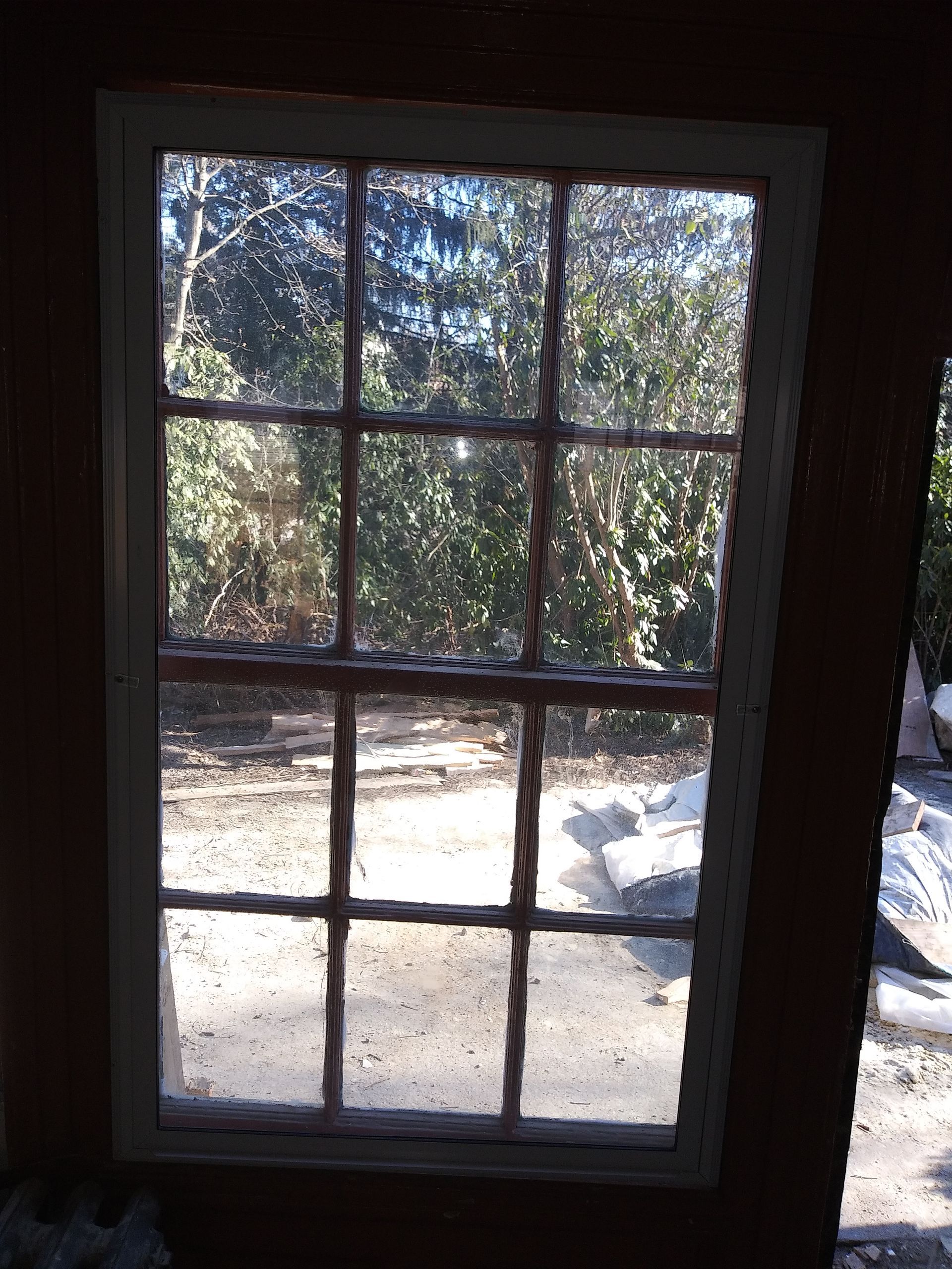 A window with divided panes looking out onto a sunlit dirt yard and trees.