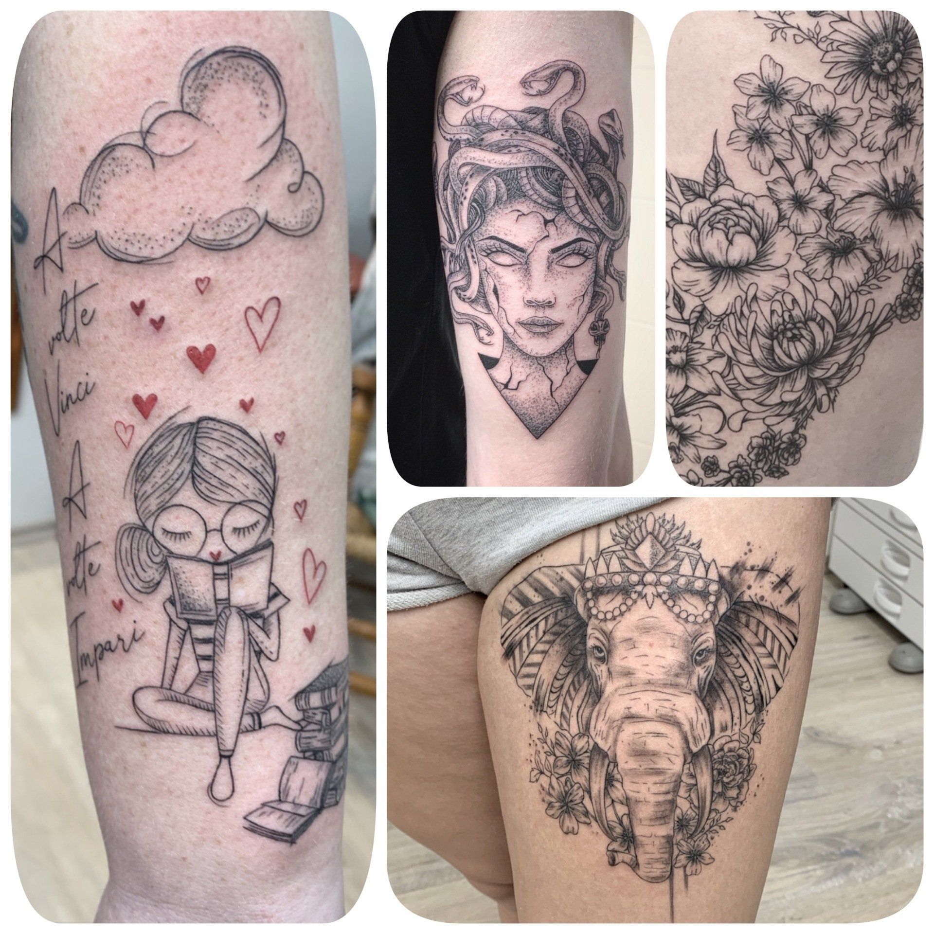 Collage aus vier schwarzen Tattoos: lesendes Mädchen, Medusa, Blumenmuster, Elefant.