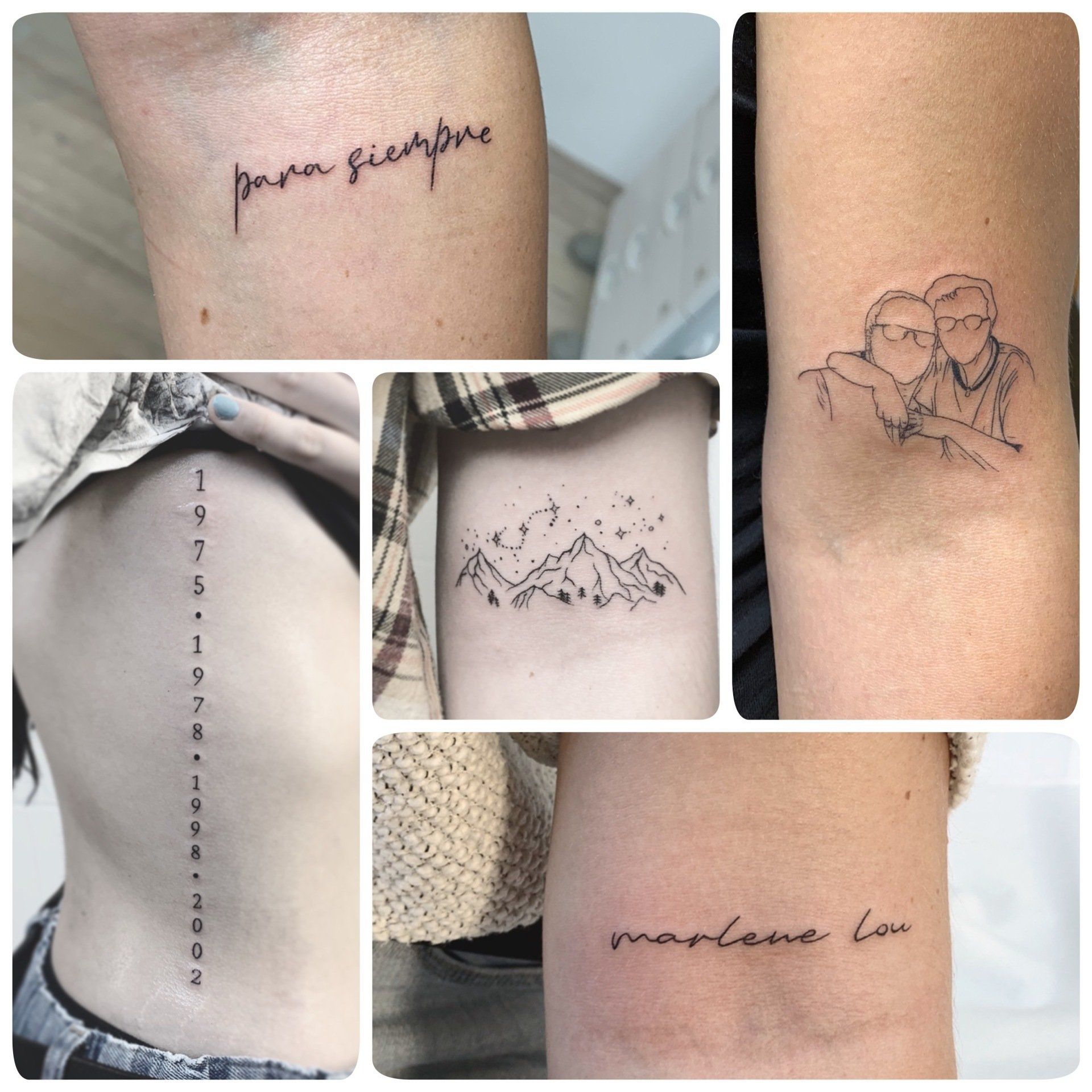 Collage minimalistischer Tattoos auf verschiedenen Armen, darunter Schriftzüge, Datumsangaben, Berglandschaften und Figuren.