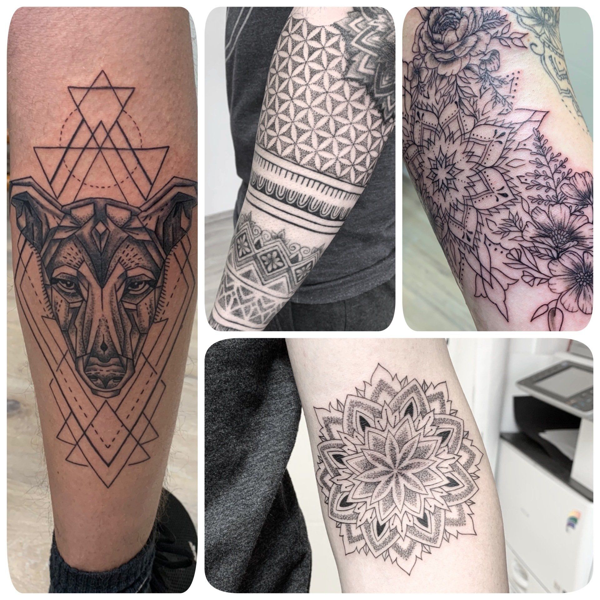 Tätowierungen an Armen und Beinen: geometrische Hunde-, Blumen- und geometrische Muster in schwarzer Tinte.