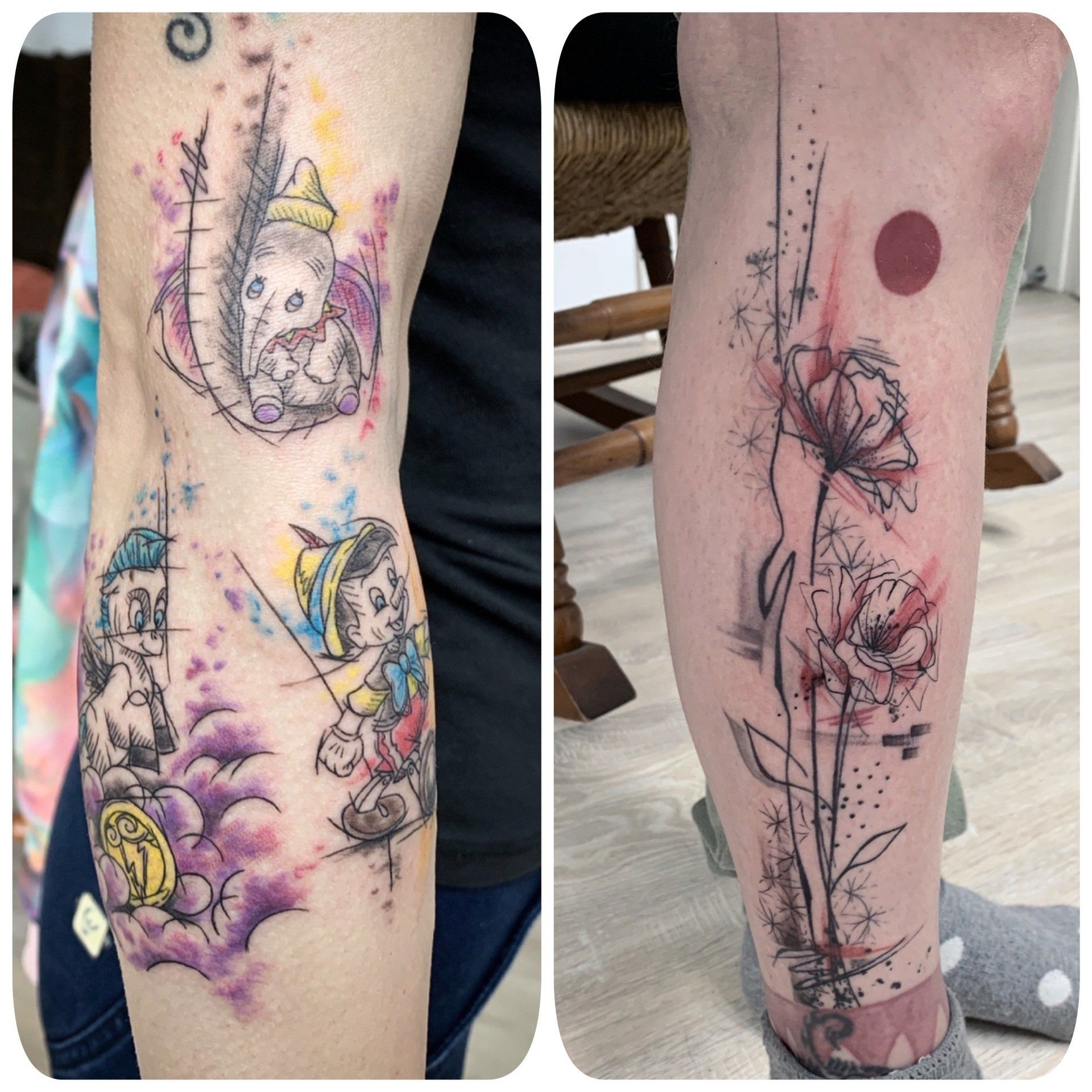 Tätowierungen auf der Haut: Dumbo und Pinocchio, Aquarellstil, linker Arm. Rechtes Bein mit einer Blume in einem roten Kreis.