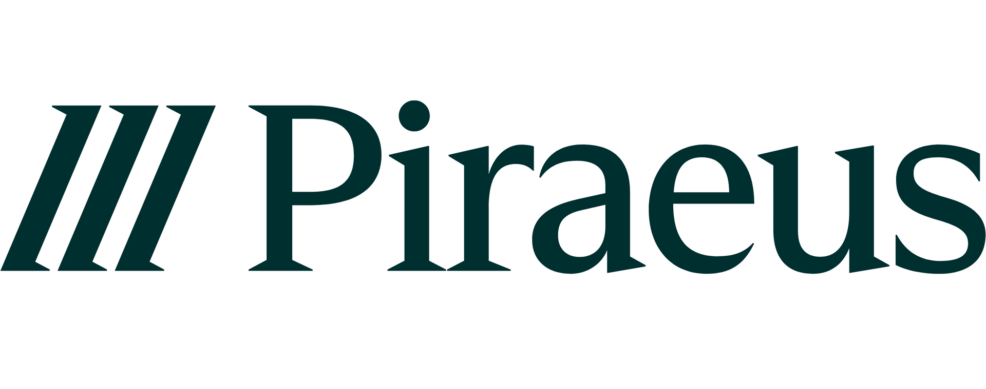 Logo for Piraeus. Three angled dark green lines followed by the word 