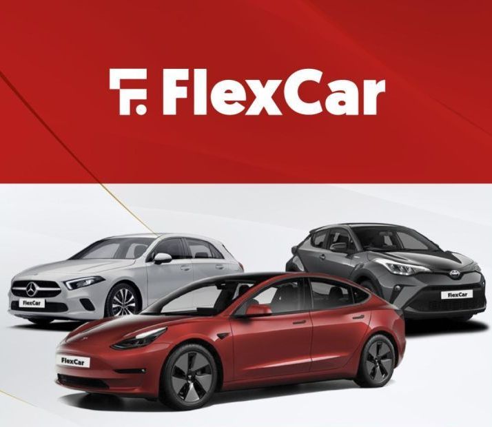 FlexCar logo above a red Tesla, silver Mercedes, and gray Toyota.