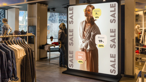 Clothing store display: Model in white outfit with 