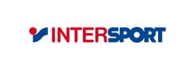 Intersport logo: Red dot and blue wave symbol with red and blue text, 