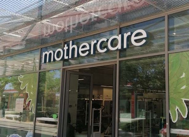 Mothercare store front with large white logo above the glass entrance.