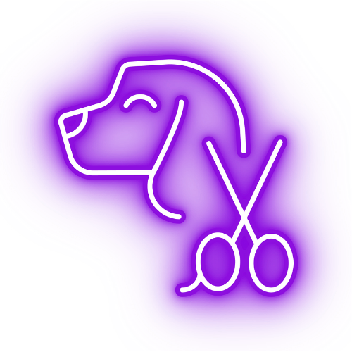A neon sign of a dog and scissors.