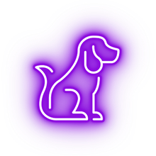 A neon sign of a dog sitting down on a white background.