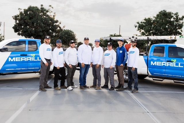 Nine MERRILL van drivers posing between two blue company vans outdoors